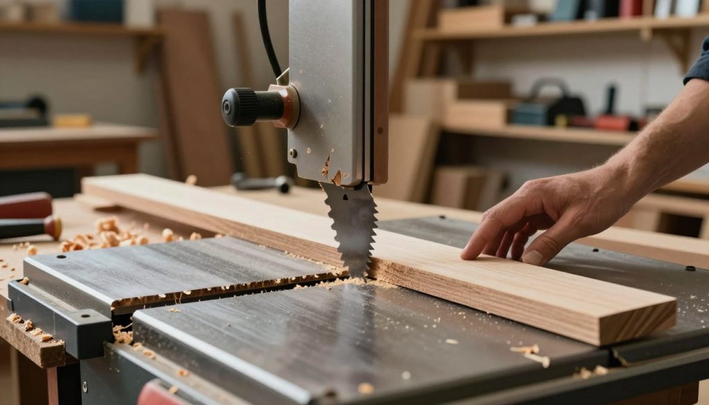 A close-up view of a woodworking workshop focusing on a band saw with visible issues, such as rough edges and splintered wood. In the foreground, a hand reaches towards the saw blade, inspecting a piece of wood that displays signs of poor finishing. The middle ground features scattered sawdust and tools, accentuating the challenges faced during cutting processes. In the background, an illuminated workspace with shelves filled with various wood types and equipment under warm, soft lighting creates a cozy yet tense atmosphere. The image should capture a sense of frustration and the technical aspects of woodworking, showcasing the limitations of band saw cutting in detailed, realistic textures. No people are present, allowing the tools and surroundings to speak to the topic.