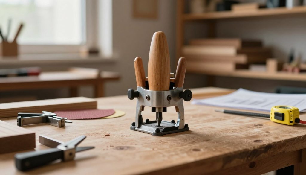 A close-up view of a woodworking workshop, focusing on a professional-grade router on a wooden workbench. The router is set up with a sharp bit, surrounded by various woodworking tools such as clamps, sandpaper, and a measuring tape, creating a realistic work environment. In the background, soft-focused shelves contain wood pieces and plans, while a warm, diffused light from a nearby window illuminates the scene, highlighting the wood grain and metal details of the router. The atmosphere is calm and focused, emphasizing the importance of care and precision in woodworking. No people should be present, ensuring the focus remains solely on the router and workspace.