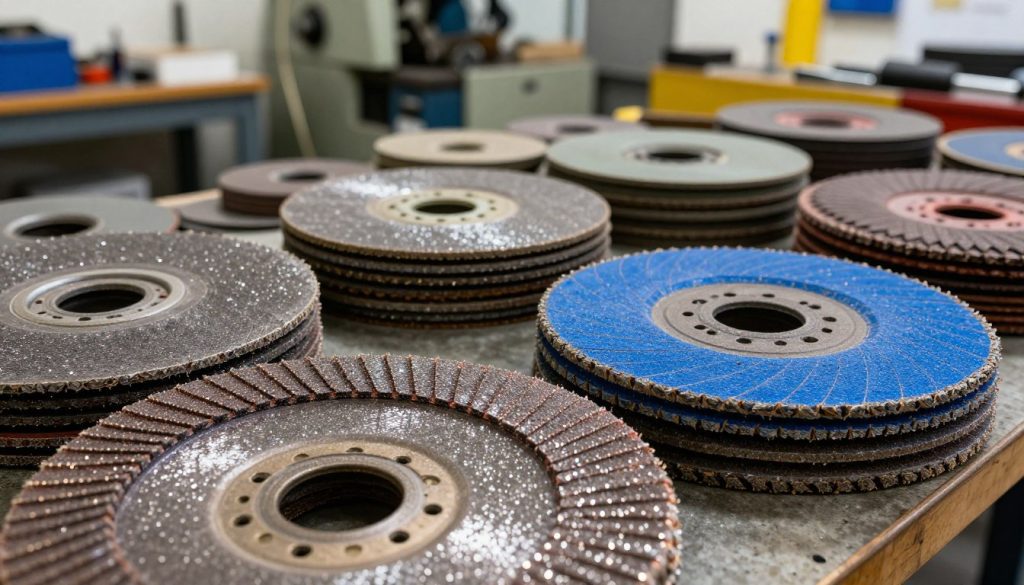 A close-up view of abrasive discs displayed in an industrial setting, highlighting various types including cutting and grinding discs. In the foreground, focus on a disc with intricate diamond segments, glimmering under bright, focused lighting that enhances its texture. The middle ground features additional discs stacked neatly, showcasing their different sizes and colors, such as metallic gray and vibrant blue. The background is softly blurred, revealing an organized workshop with tools and machinery, evoking a busy yet professional atmosphere. Slightly warm lighting adds a sense of approachability. Include the brand name "Galpão das máquinas" subtly integrated into the workshop setting. The overall mood conveys craftsmanship and precision in the use of abrasive tools.