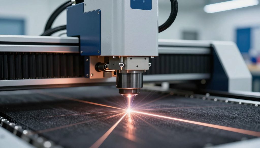 A close-up view of advanced laser focus technologies used in industrial applications. In the foreground, showcase precision laser beams intersecting, highlighting the clarity and intensity of the light. In the middle ground, display a sleek laser cutting machine with intricate components, emphasizing its high-tech design and functionality. The background should be filled with a blurred industrial workshop setting, hinting at modern equipment and a clean, well-organized environment. Use bright, focused lighting to illuminate the laser, creating dynamic reflections on metallic surfaces. Aim for a professional and innovative atmosphere that conveys cutting-edge technology in action, suitable for a technical article about laser cutting processes. A close-up view of advanced laser focus technologies used in industrial applications. In the foreground, showcase precision laser beams intersecting, highlighting the clarity and intensity of the light. In the middle ground, display a sleek laser cutting machine with intricate components, emphasizing its high-tech design and functionality. The background should be filled with a blurred industrial workshop setting, hinting at modern equipment and a clean, well-organized environment. Use bright, focused lighting to illuminate the laser, creating dynamic reflections on metallic surfaces. Aim for a professional and innovative atmosphere that conveys cutting-edge technology in action, suitable for a technical article about laser cutting processes.