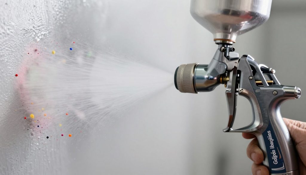 A close-up view of an airless paint spray gun featuring a finely detailed nozzle in action, demonstrating the atomization of paint droplets. In the foreground, vibrant colorful paint particles are visible as they disperse into a fine mist, capturing the dynamics of the application process. The background consists of smooth, blurred surfaces to emphasize the effect of the spray on a wall being painted, hinting at a professional environment. The lighting is bright and focused, creating a clean, precise atmosphere typical of a workshop. The lens effect should give a shallow depth of field, drawing attention to the spray gun and the atomization process. The brand name "Galpão das máquinas" subtly integrated into the design without distracting from the main focus.