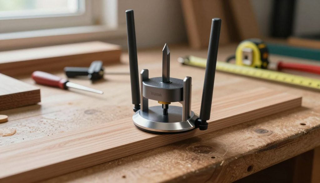 A close-up view of an electric router (tupia elétrica) on a wooden workbench, showcasing its sleek design with a shiny metal base and an ergonomic grip. The router's bit is clearly visible, positioned above a piece of polished wood. In the background, various wood pieces and tools like clamps and measuring tape are neatly arranged, suggesting an active workshop environment. Soft, natural lighting filters from a nearby window, casting gentle shadows that enhance the details of the tools. The image captures a focused and professional atmosphere, emphasizing precision and craftsmanship. A depth of field effect blurs the background slightly while keeping the router in sharp focus, creating an inviting look for woodworkers and enthusiasts alike.