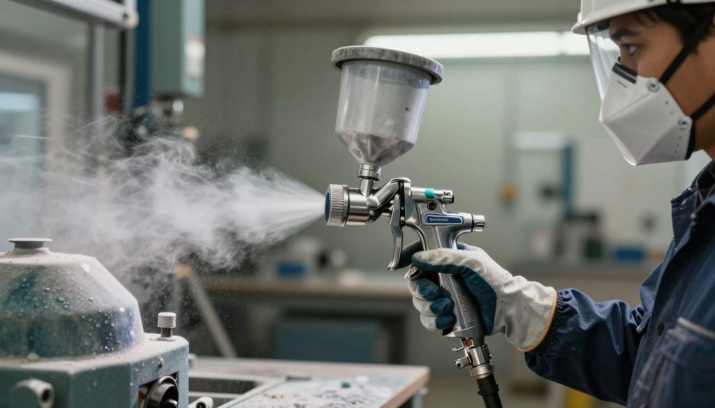 A close-up view of an industrial paint spray gun in use, highlighting the various health risks associated with improper handling. In the foreground, a worker in professional business attire wears a protective mask and gloves, showcasing the importance of safety. The middle layer shows visible spray particles and potential fumes, creating a dynamic effect around the gun. The background features a dimly lit workshop with surrounding equipment and surfaces coated in paint, emphasizing a hazardous environment. Choose soft lighting to suggest seriousness, using a shallow depth of field to focus on the spray gun and worker. Include the brand name "Galpão das máquinas" subtly integrated into the equipment design, enhancing the authentic atmosphere while maintaining strong visual clarity.