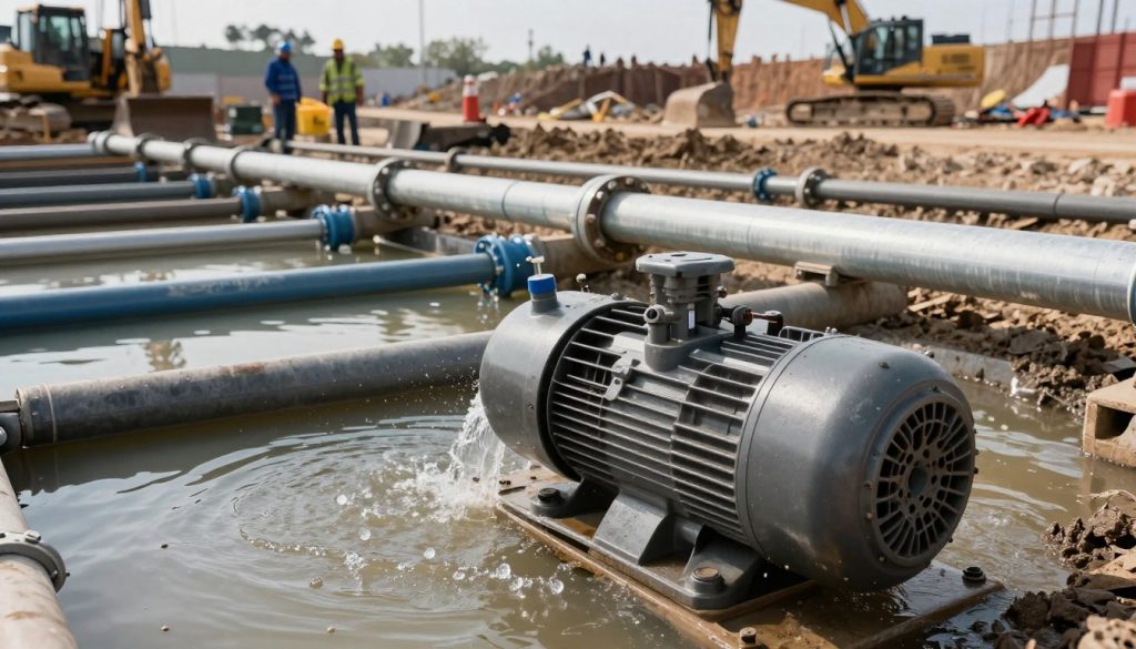A close-up view of an industrial submersible pump in action, set in a muddy construction site. In the foreground, the robust pump is surrounded by water splashes, emphasizing its functionality. The middle ground showcases a series of pipes connected to a water reservoir, highlighting technical applications in water transfer and drainage. In the background, a vast construction landscape with machinery and workers in safety gear demonstrates the pump’s essential role in engineering. The scene is illuminated by soft, natural lighting, casting gentle reflections on the water surface. Use a wide-angle lens to capture the scale and importance of submersible pumps in technical applications. The mood is practical and focused, conveying the seriousness of the engineering environment. A close-up view of an industrial submersible pump in action, set in a muddy construction site. In the foreground, the robust pump is surrounded by water splashes, emphasizing its functionality. The middle ground showcases a series of pipes connected to a water reservoir, highlighting technical applications in water transfer and drainage. In the background, a vast construction landscape with machinery and workers in safety gear demonstrates the pump’s essential role in engineering. The scene is illuminated by soft, natural lighting, casting gentle reflections on the water surface. Use a wide-angle lens to capture the scale and importance of submersible pumps in technical applications. The mood is practical and focused, conveying the seriousness of the engineering environment.