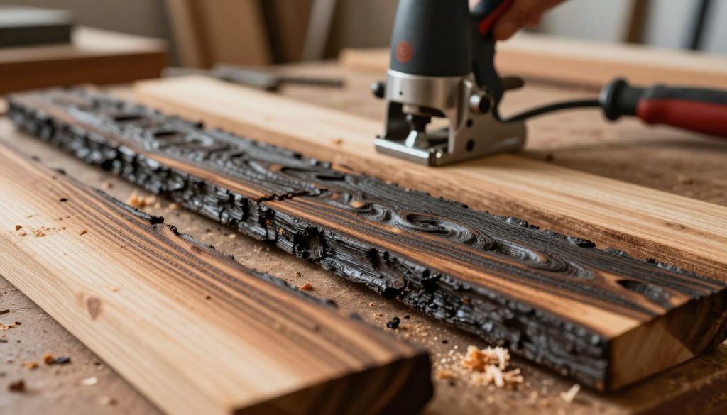A close-up view of burned wood surfaces, showcasing distinct charred patterns and deep grooves created by a router. The foreground features a variety of wooden planks with different degrees of burn marks, highlighting textures and shades of burnt browns and blacks. In the middle, a router tool rests on a workbench with sawdust scattered around, hinting at recent use. The background is softly blurred, revealing a workshop setting with tools and wood materials, illuminated by warm, diffused lighting to create an inviting, focused atmosphere. The composition captures the essence of woodworking, emphasizing the causes and effects of burning wood, while maintaining a professional and clean aesthetic.