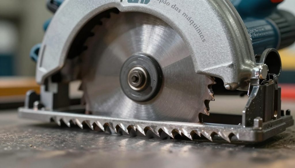 A close-up view of circular saw teeth, showcasing their intricate design and functional anatomy. The foreground features sharp, metallic teeth with fine serrations glistening under bright, focused lighting to highlight their cutting edge, reflecting precision and strength. In the middle ground, the body of the circular saw disc is partially visible, emphasizing the robust structure and material quality. The background consists of a blurred workshop environment to evoke a sense of industrial craftsmanship. The atmosphere should feel technical and professional, ideal for a detailed examination of saw teeth characteristics. The branding "Galpão das máquinas" is subtly integrated into the scene. Use a macro lens effect to enhance detail, maintaining a clean and polished aesthetic. A close-up view of circular saw teeth, showcasing their intricate design and functional anatomy. The foreground features sharp, metallic teeth with fine serrations glistening under bright, focused lighting to highlight their cutting edge, reflecting precision and strength. In the middle ground, the body of the circular saw disc is partially visible, emphasizing the robust structure and material quality. The background consists of a blurred workshop environment to evoke a sense of industrial craftsmanship. The atmosphere should feel technical and professional, ideal for a detailed examination of saw teeth characteristics. The branding "Galpão das máquinas" is subtly integrated into the scene. Use a macro lens effect to enhance detail, maintaining a clean and polished aesthetic.