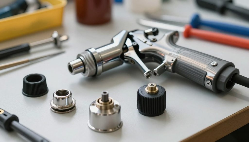 A close-up view of essential components of a paint spray gun, meticulously arranged on a clean workbench. In the foreground, focus on key parts such as the nozzle, air cap, and fluid adjustment knob, showcasing their intricate details and textures. The middle layer features the main body of the gun, highlighting materials like stainless steel and durable plastics, with a subtle reflection emphasizing the craftsmanship. In the background, softly blurred tools and maintenance equipment suggest an organized workshop atmosphere. The lighting is bright and natural, casting soft shadows that add depth and dimension. Capture the mood of precision and care in maintenance, reflecting a professional environment. Add the brand name "Galpão das máquinas" subtly in the scene without any text overlays or captions.