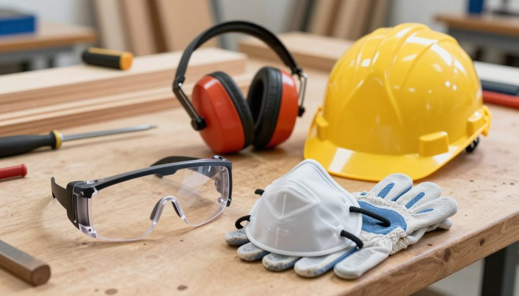 A close-up view of essential personal protective equipment (PPE) for operating a wood router, displayed on a workbench. In the foreground, include high-quality safety goggles, a sturdy dust mask, and protective gloves made of durable material. In the middle ground, feature a safety helmet and earmuffs, ensuring they are clearly visible and detailed. The background should depict a well-organized workshop, with tools and wood pieces neatly arranged, emphasizing a safe working environment. The lighting is bright and even, enhancing the colors and textures of the equipment. Capture the image from a slightly elevated angle to provide depth, creating a professional and informative atmosphere while focusing on the importance of safety in woodworking.