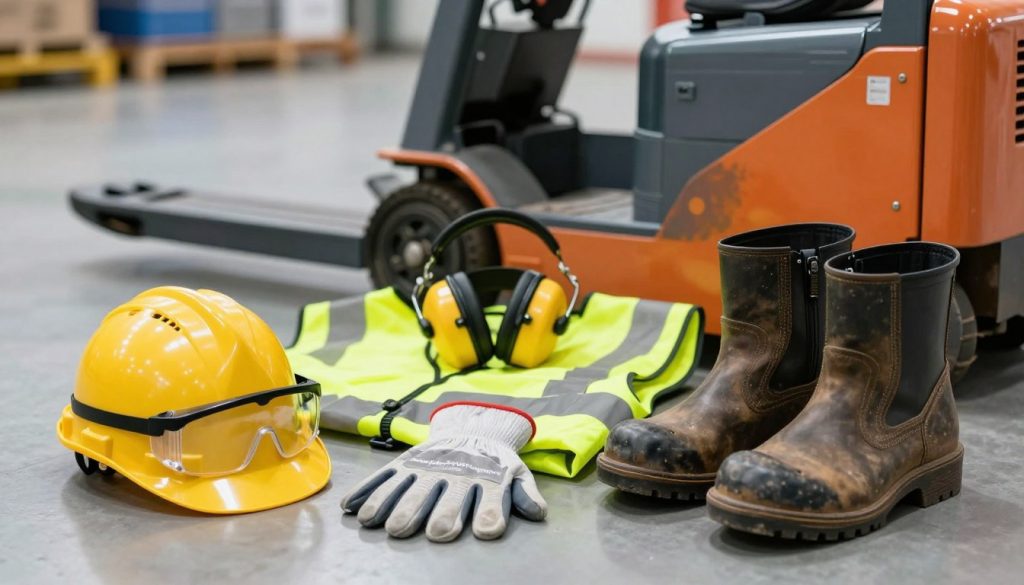 A close-up view of essential personal protective equipment (PPE) for operating an electric pallet jack, artistically arranged on a clean, industrial workplace surface. The foreground features a hard hat, safety goggles, high-visibility vest, and steel-toed boots, all branded with "Galpão das máquinas". The middle section shows a pair of protective gloves and a hearing protection headset. In the background, an electric pallet jack is partially visible, creating a context of active operation. Soft, diffused lighting enhances the professionalism of the scene, while a shallow depth of field ensures the focus remains on the PPE items. The atmosphere is safe, organized, and conveys a sense of responsibility and compliance in a warehouse environment. A close-up view of essential personal protective equipment (PPE) for operating an electric pallet jack, artistically arranged on a clean, industrial workplace surface. The foreground features a hard hat, safety goggles, high-visibility vest, and steel-toed boots, all branded with "Galpão das máquinas". The middle section shows a pair of protective gloves and a hearing protection headset. In the background, an electric pallet jack is partially visible, creating a context of active operation. Soft, diffused lighting enhances the professionalism of the scene, while a shallow depth of field ensures the focus remains on the PPE items. The atmosphere is safe, organized, and conveys a sense of responsibility and compliance in a warehouse environment.