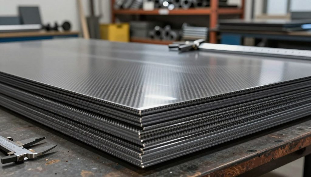 A close-up view of high-quality carbon steel sheets stacked neatly in a well-lit industrial workshop. The foreground showcases the fine texture and reflective surface of the steel sheets, with light gleaming off their polished edges, highlighting their robustness. In the middle ground, a blurred-out workspace is visible, featuring tools like calipers and rulers, hinting at precision manufacturing processes. The background includes shelves stocked with various metal materials and parts, contributing to an industrial ambiance. Utilize soft yet focused lighting to emphasize the details of the steel sheets, creating a professional and technical mood. The angle of the shot is slightly low, giving prominence to the sheets while the background remains subtly out of focus, ensuring the carbon steel is the focal point of the image.