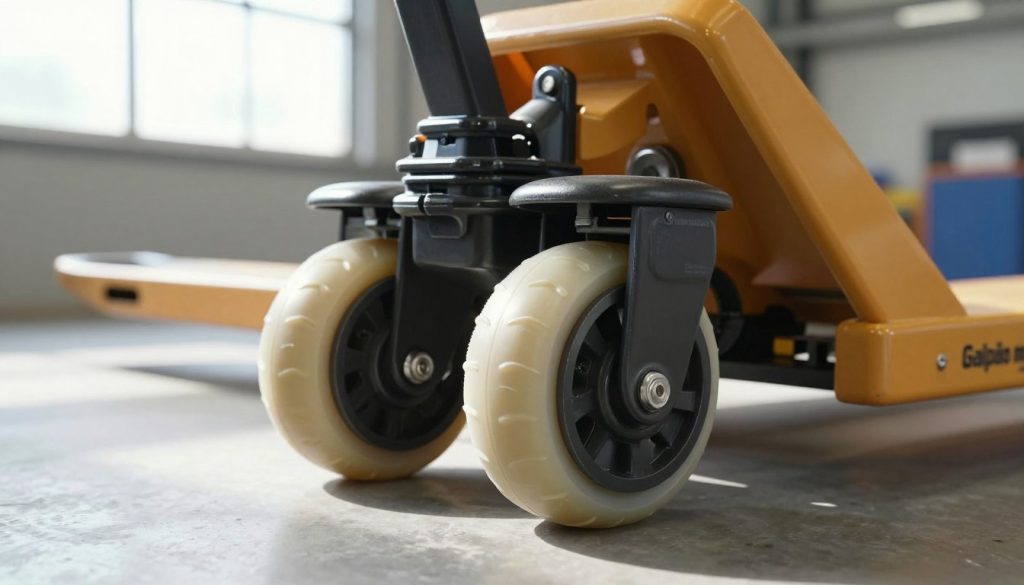 A close-up view of silicone wheels designed for a manual pallet truck, showcasing their smooth, durable texture and ergonomic design. The foreground should feature a detailed focus on the wheels, highlighting the glossy finish and the unique tread pattern for superior grip. In the middle ground, include a manual pallet truck partially visible, emphasizing the wheels' functionality. The background should have a clean industrial setting, softly blurred to keep the focus on the wheels and the truck. Use natural daylight streaming through a factory window for an inviting atmosphere, and shoot from a slightly elevated angle to capture depth. Incorporate the brand "Galpão das máquinas" subtly in the scene, ensuring it remains professional and unobtrusive.