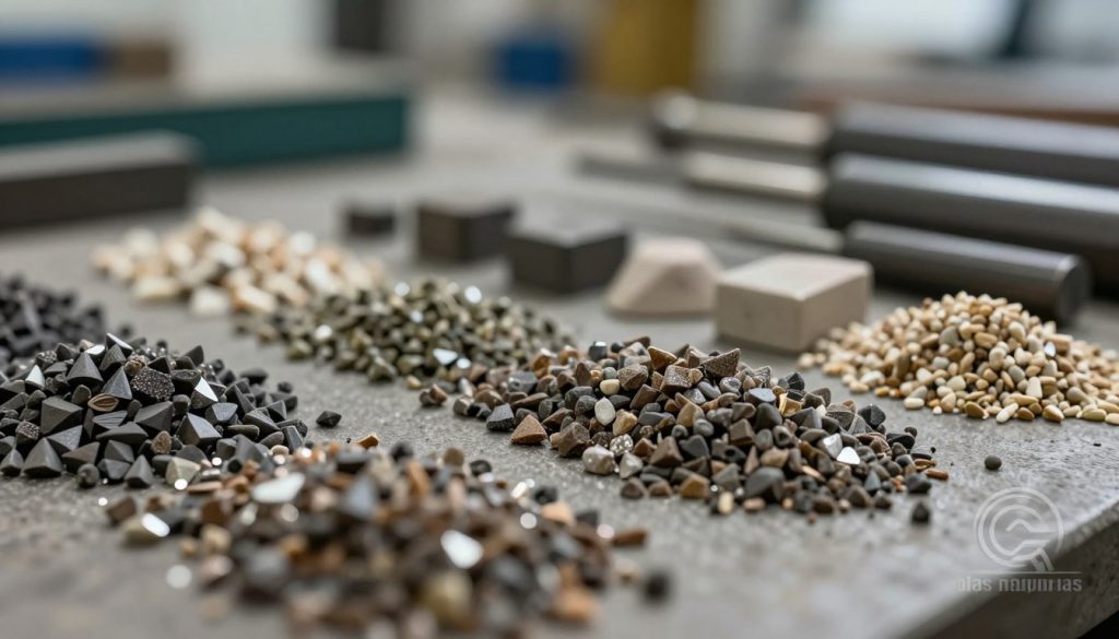 A close-up view of various types of abrasive grains used in grinding wheels, showcasing their unique shapes and textures. In the foreground, focus on sharp angular grains of silicon carbide and the crystalline structure of aluminum oxide, emphasizing their details. In the middle ground, arrange a variety of grains, including garnet and ceramic, on a textured surface that mimics a workshop environment. The background should be slightly blurred to suggest a well-lit workshop space filled with grinding tools, enhancing the industrial atmosphere. Use natural lighting with soft shadows to create depth. The overall mood is technical and professional, reflecting precision and quality in material selection. Include a subtle logo of "Galpão das máquinas" in the corner for brand representation.