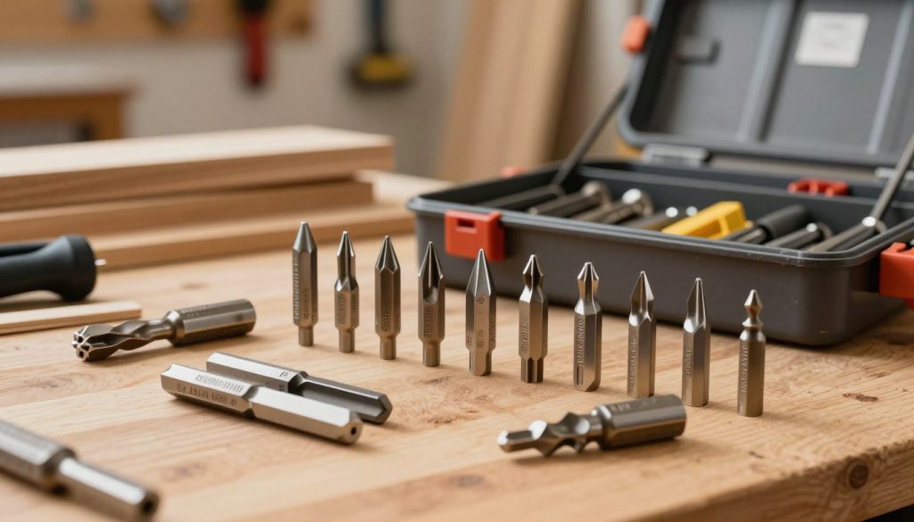 A close-up view of various woodworking router bits specifically designed for structural carpentry, arranged on a clean wooden workbench. The foreground features a selection of high-quality bits with detailed engravings and different shapes—straight bits, flush trim bits, and round-over bits, each showcasing their unique designs. In the middle ground, a well-organized toolbox displays additional bits and accessories, with soft lighting illuminating their polished surfaces. In the background, a blurred workshop scene with tools hanging on the wall and wood planks gives a professional carpentry atmosphere. The lighting is warm and soft, creating an inviting and focused mood that highlights the craftsmanship of the router bits. No text or logos present in the image.