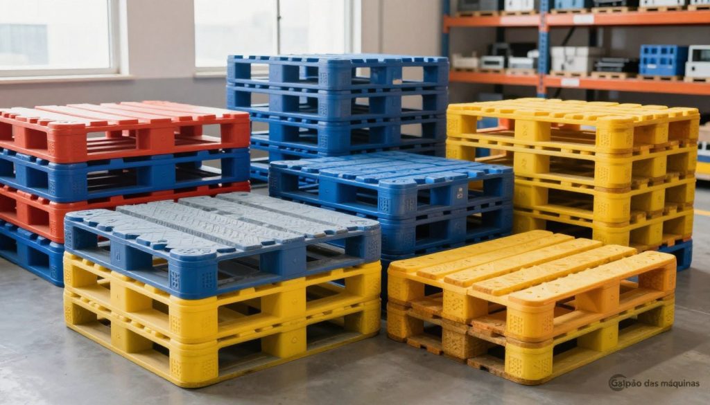 A collection of brightly colored plastic pallets stacked and arranged neatly in a warehouse setting. In the foreground, focus on two distinct types of pallets: one standard square and one elongated for specialized use, both showcasing their robust, textured surfaces. In the middle ground, additional pallets are stacked in various configurations, highlighting diversity in design and size. The background features industrial shelving filled with related equipment, softly blurred to emphasize the pallets in the foreground. The scene is well-lit with bright, natural daylight streaming through large windows, creating a clean and professional atmosphere. Angle the shot from a slightly elevated perspective to provide a comprehensive view of the pallet types. Include the branding logo "Galpão das máquinas" subtly in the corner of the image. A collection of brightly colored plastic pallets stacked and arranged neatly in a warehouse setting. In the foreground, focus on two distinct types of pallets: one standard square and one elongated for specialized use, both showcasing their robust, textured surfaces. In the middle ground, additional pallets are stacked in various configurations, highlighting diversity in design and size. The background features industrial shelving filled with related equipment, softly blurred to emphasize the pallets in the foreground. The scene is well-lit with bright, natural daylight streaming through large windows, creating a clean and professional atmosphere. Angle the shot from a slightly elevated perspective to provide a comprehensive view of the pallet types. Include the branding logo "Galpão das máquinas" subtly in the corner of the image.