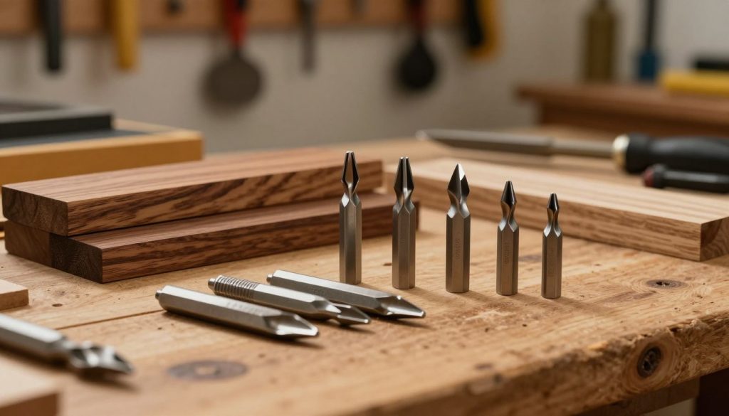 A collection of essential router bits designed for hardwood woodworking, arranged on a rustic wooden workbench. In the foreground, several high-quality router bits with varying shapes and sizes, showcasing sharp edges and precision. The middle ground features a few pieces of rich, polished hardwood, such as oak and walnut, highlighting the natural grain and texture. In the background, a softly blurred workshop setting with tools hanging on the wall and warm, ambient lighting illuminating the scene, creating a cozy and inviting atmosphere. The angle of the shot should be slightly above eye level, focusing on the router bits to convey professionalism and craftsmanship in woodworking. A collection of essential router bits designed for hardwood woodworking, arranged on a rustic wooden workbench. In the foreground, several high-quality router bits with varying shapes and sizes, showcasing sharp edges and precision. The middle ground features a few pieces of rich, polished hardwood, such as oak and walnut, highlighting the natural grain and texture. In the background, a softly blurred workshop setting with tools hanging on the wall and warm, ambient lighting illuminating the scene, creating a cozy and inviting atmosphere. The angle of the shot should be slightly above eye level, focusing on the router bits to convey professionalism and craftsmanship in woodworking.