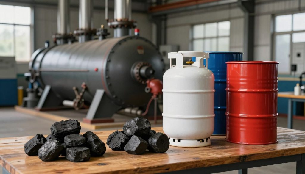 A collection of fossil fuel types used for boilers, displayed vividly on a wooden table in a well-lit industrial setting. In the foreground, arrange samples of coal, natural gas cylinders, and oil drums, showcasing their textures and colors. In the middle ground, a sleek boiler system is partially visible, highlighting the connection between the fuels and their application. The background features a dimly lit industrial plant with pipes and machinery, giving an authentic manufacturing ambiance. Natural lighting filters through large windows, casting soft shadows and creating a warm atmosphere. The image should evoke a sense of efficiency and reliability in energy production, perfect for an informative article. Focus on clarity and realism to emphasize the subject matter.