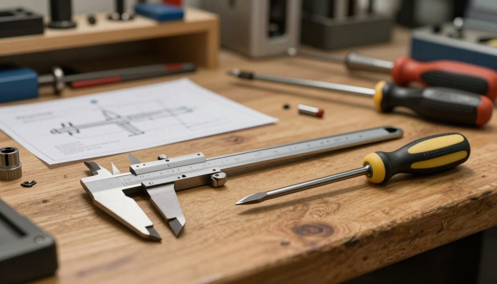 A collection of precision hand tools displayed on a wooden workbench, featuring a caliper, micrometer, and precision screwdriver, all labeled with fine details. In the foreground, the tools have a polished metallic finish, glistening under soft, warm lighting. In the middle ground, the workbench is cluttered with small parts and an open technical drawing, suggesting an active work environment. The background features a blurred workshop with shelves lined with various tools and equipment, enhancing the atmosphere of craftsmanship and precision. The composition is shot from a slightly elevated angle, creating depth and focus on the tools. Incorporate the brand name "Galpão das máquinas" subtly within the setting. The overall mood is industrious and focused, highlighting alternative solutions to grinding. A collection of precision hand tools displayed on a wooden workbench, featuring a caliper, micrometer, and precision screwdriver, all labeled with fine details. In the foreground, the tools have a polished metallic finish, glistening under soft, warm lighting. In the middle ground, the workbench is cluttered with small parts and an open technical drawing, suggesting an active work environment. The background features a blurred workshop with shelves lined with various tools and equipment, enhancing the atmosphere of craftsmanship and precision. The composition is shot from a slightly elevated angle, creating depth and focus on the tools. Incorporate the brand name "Galpão das máquinas" subtly within the setting. The overall mood is industrious and focused, highlighting alternative solutions to grinding.