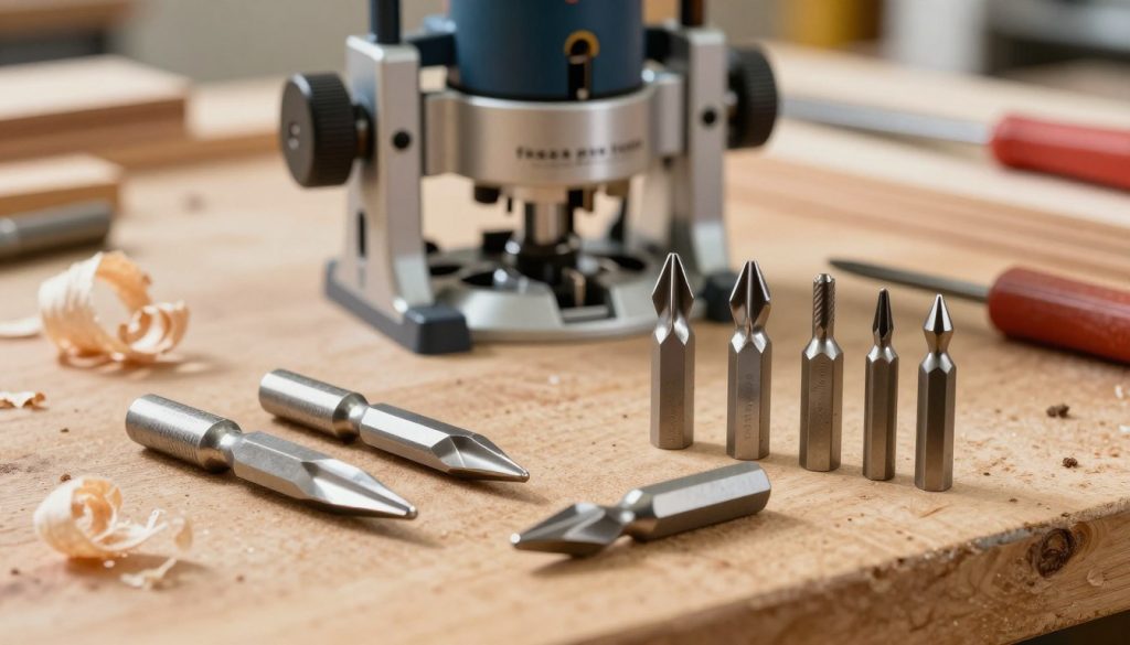 A collection of precision router bits, also known as "fresas para tupia," displayed on a wooden workbench. In the foreground, focus on several sharp, shiny bits in various shapes and sizes, glinting under bright workshop lighting. The middle ground features a high-quality woodworking router, partially visible, with wood shavings scattered around. In the background, blurred outlines of wooden boards and tools create a typical workshop atmosphere. The overall scene is well-lit, highlighting the intricate details of the router bits, emphasizing their importance in woodworking. Capture a sense of craftsmanship and precision, evoking a mood of creativity and dedication to the art of woodworking.