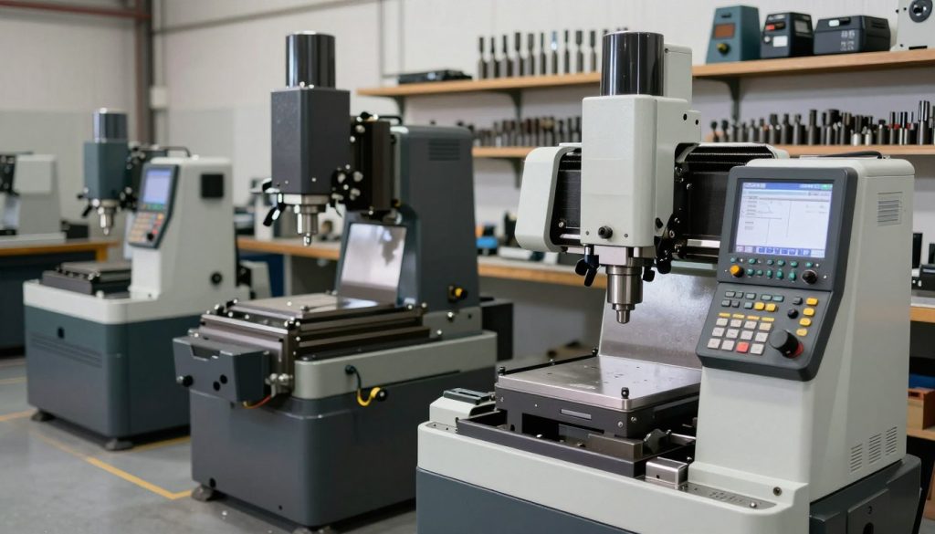A collection of various types of milling machines (fresadoras) displayed in a well-lit, industrial workshop setting. In the foreground, highlight a modern CNC milling machine with intricate details, such as digital screens and tools, showcasing its cutting capabilities. In the middle ground, include a traditional knee-type milling machine with a manual control panel, emphasizing its mechanical features. In the background, soft-focused shelves stocked with different cutting tools and milling equipment. The lighting is bright but soft, reflecting a professional work environment, creating a sense of innovation and craftsmanship. Use a slightly angled perspective to add depth, capturing the essence of precision engineering and technical expertise. The mood is industrious yet inviting, ideal for an educational context.