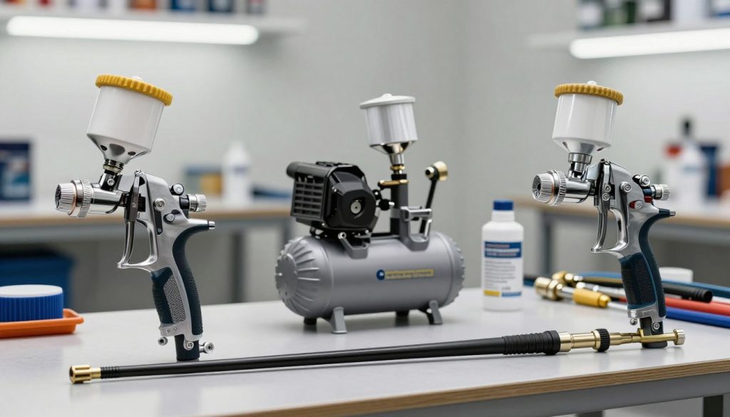 A collection of various types of paint spray guns prominently displayed on a workbench, showcasing their distinctive features. In the foreground, a high-quality detail shot of a gravity-fed spray gun and a siphon feed spray gun, emphasizing the intricate nozzle designs and ergonomic grips. The middle section includes an air compressor, highlighting its connection to the spray guns with hoses and fittings. The background features a softly lit workshop setting, with tools and paint supplies neatly organized. The lighting is bright but diffused, creating a clean and professional atmosphere, ideal for illustrating technical aspects. The brand name "Galpão das máquinas" is subtly incorporated into the design of the workbench. The overall mood conveys expertise and craftsmanship in the field of painting and equipment.