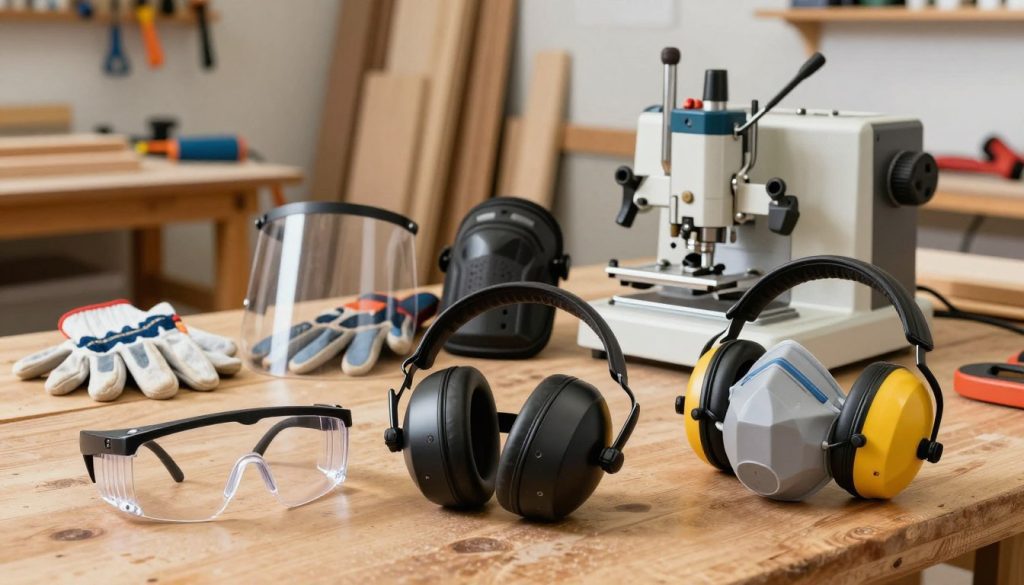 A collection of woodworking safety equipment for a router, displayed commercially in an organized workshop. In the foreground, prominently featured items include a sturdy pair of safety goggles, industrial-grade ear protection, and a high-quality dust mask, all positioned neatly on a wooden workbench. In the middle ground, an assortment of protective gear such as cut-resistant gloves, a face shield, and knee pads are arranged beside a well-used but clean router machine. The background captures a bright, well-lit workshop filled with tools and wooden materials, showcasing a safe working environment. The lighting is bright and natural, emphasizing the importance of safety. The atmosphere is professional and focused, highlighting the essential nature of protective equipment in woodworking.