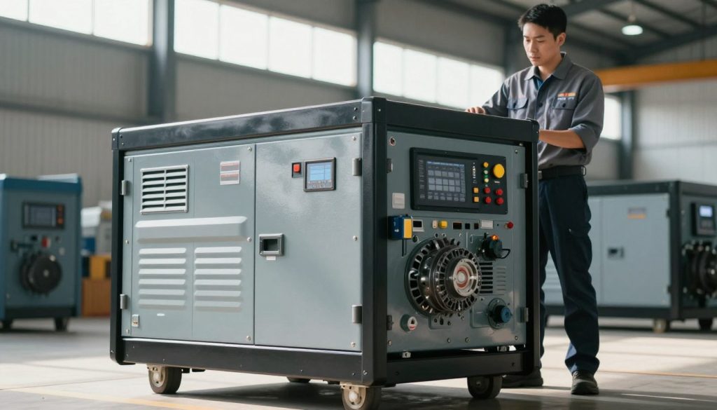 A commercial stationary generator is prominently featured in the foreground, showcasing its robust metallic design with visible controls and display panels. The generator is set against the backdrop of a bustling commercial service environment, with blurred outlines of a warehouse or workshop to suggest activity. In the middle ground, a technician dressed in professional business attire, confidently examines the generator, highlighting its operational aspect. Bright, natural lighting pours in from large overhead windows, casting soft shadows, creating an atmosphere of productivity and reliability. The perspective is slightly elevated, emphasizing the scale of the generator in relation to its surroundings, while vibrant colors enhance the industrial yet professional mood of the scene.