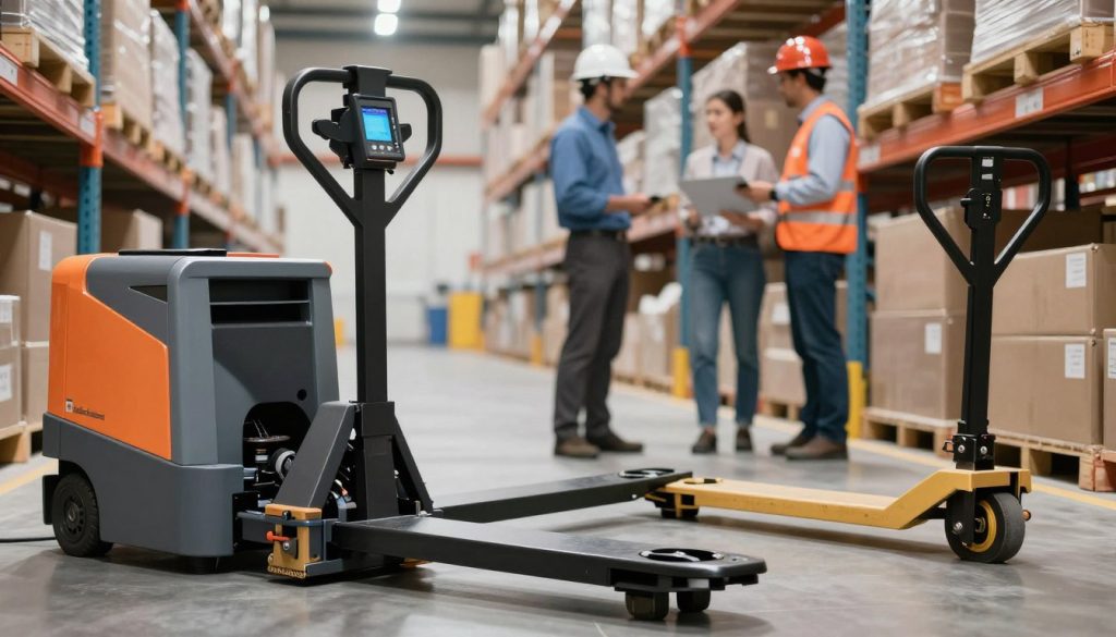 A comprehensive comparison of a manual pallet jack and an electric pallet jack in a warehouse setting. In the foreground, a sleek electric pallet jack is depicted on the left, showcasing its modern design with a clear display and compact lifting mechanism. On the right, a traditional manual pallet jack is visible, emphasizing its simple, robust construction and handle. In the middle ground, warehouse workers in professional business attire are engaging with the equipment, providing a sense of scale and practical use. The background features shelving units packed with boxes, illuminated by bright overhead lighting, creating a vibrant and dynamic atmosphere. The overall mood highlights efficiency and productivity in a busy industrial environment. Include the brand name "Galpão das máquinas" in a subtle way on the side of the electric pallet jack. A comprehensive comparison of a manual pallet jack and an electric pallet jack in a warehouse setting. In the foreground, a sleek electric pallet jack is depicted on the left, showcasing its modern design with a clear display and compact lifting mechanism. On the right, a traditional manual pallet jack is visible, emphasizing its simple, robust construction and handle. In the middle ground, warehouse workers in professional business attire are engaging with the equipment, providing a sense of scale and practical use. The background features shelving units packed with boxes, illuminated by bright overhead lighting, creating a vibrant and dynamic atmosphere. The overall mood highlights efficiency and productivity in a busy industrial environment. Include the brand name "Galpão das máquinas" in a subtle way on the side of the electric pallet jack.