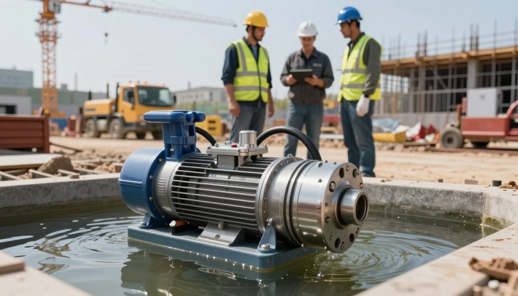 A construction site showcasing a submersible pump in action. In the foreground, a robust, modern submersible pump is partially submerged in water, displaying its intricate design and features. In the middle ground, construction workers in professional attire are engaged in discussions and monitoring the pump's operation, emphasizing collaboration and innovation. The background features a construction site with cranes, vehicles, and partially built structures, conveying an atmosphere of progress and productivity. The scene is lit with natural daylight, casting soft shadows that highlight the pump's metallic surface and creating a clear, vibrant image. The overall mood is focused and industrious, capturing the advantages and benefits of submerged pumps in construction applications. A construction site showcasing a submersible pump in action. In the foreground, a robust, modern submersible pump is partially submerged in water, displaying its intricate design and features. In the middle ground, construction workers in professional attire are engaged in discussions and monitoring the pump's operation, emphasizing collaboration and innovation. The background features a construction site with cranes, vehicles, and partially built structures, conveying an atmosphere of progress and productivity. The scene is lit with natural daylight, casting soft shadows that highlight the pump's metallic surface and creating a clear, vibrant image. The overall mood is focused and industrious, capturing the advantages and benefits of submerged pumps in construction applications.