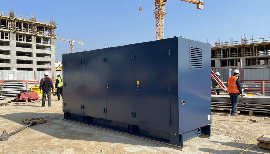 A construction site with a powerful energy generator in the foreground, showcasing its robust design and technical details. The generator is surrounded by workers wearing safety helmets and professional attire, demonstrating teamwork. In the middle ground, various construction tools and materials are scattered, emphasizing the activity of the site. In the background, partially constructed buildings rise against a clear blue sky, with cranes and scaffolding adding a dynamic feel. The scene is well-lit by natural sunlight, casting soft shadows that enhance the details of the generator and construction elements. The overall atmosphere is one of productivity and efficiency, highlighting the essential role of energy generators in construction projects.
