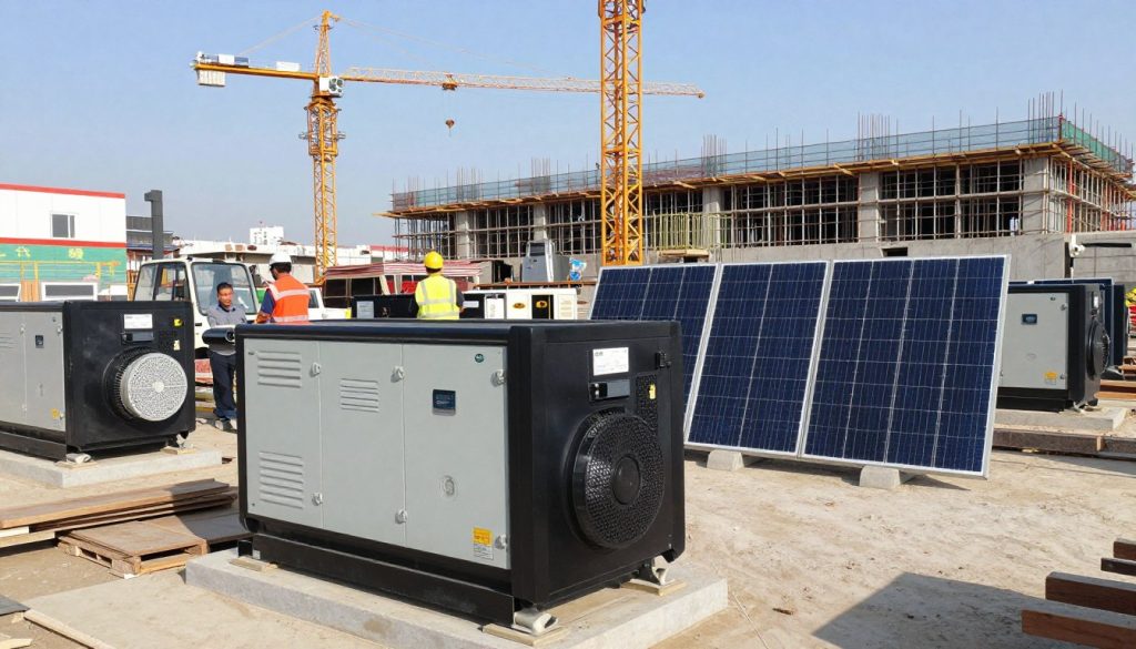 A construction site with various energy generators prominently displayed in the foreground, including portable diesel generators and solar-powered units. In the middle ground, construction workers in professional attire are seen operating the generators, ensuring they are set up correctly. The background features an active construction area with cranes, scaffolding, and unfinished structures, under a clear blue sky. The lighting is bright and natural, casting soft shadows, illustrating a productive and efficient work environment. The angle is slightly elevated, providing a panoramic view of the bustling work scene, conveying a sense of energy and innovation in construction practices.