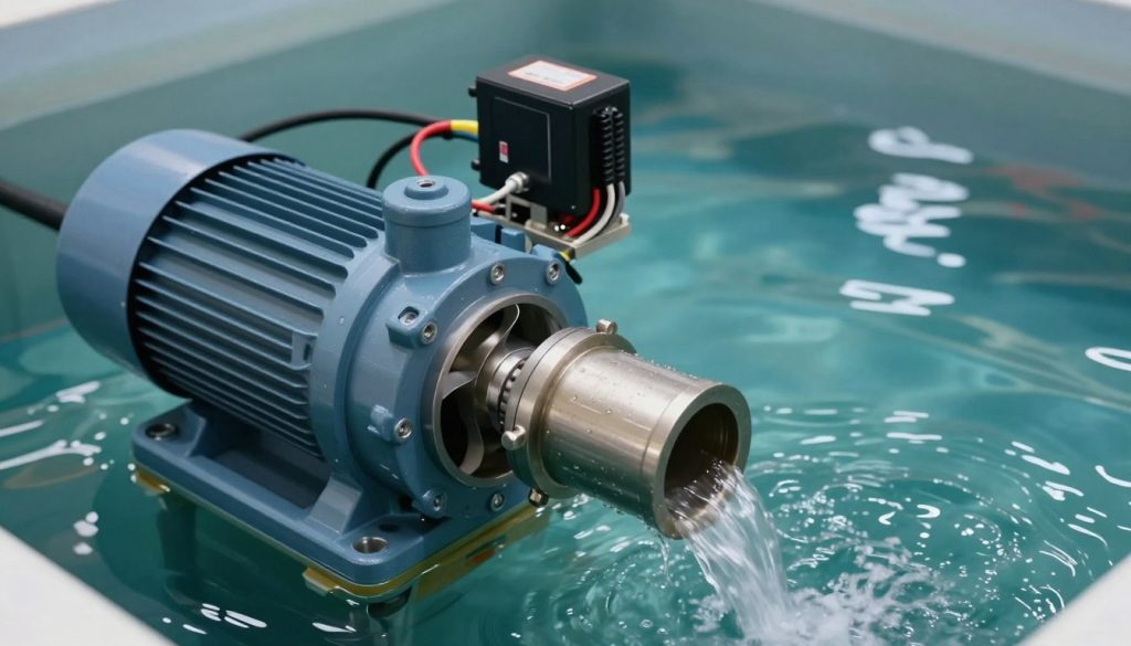 A cross-section view of a submersible pump in operation, showcasing its internal components with clarity and precision. In the foreground, focus on the motor and impeller, illustrating how water flows through the suction inlet and out of the discharge outlet. In the middle ground, highlight the pump assembly connected to a power source, with electrical wiring and a control panel visible. The background features a water-filled reservoir, with rippling water reflecting soft ambient light, creating a serene and informative atmosphere. The image should be well-lit, emphasizing the mechanical details, using a slightly elevated angle to capture depth and understanding of the submersible pump's principles of operation. Ensure no text or watermarks are present, maintaining a clear and professional presentation.