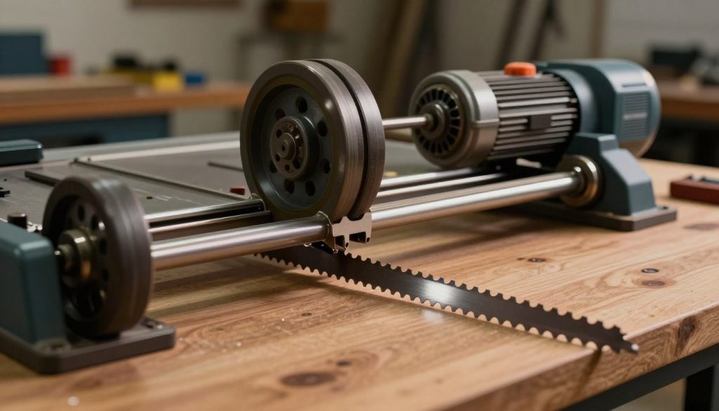 A detailed and close-up image of various components of a bandsaw, showcasing essential parts like the blade, wheels, tensioning mechanisms, and table with smooth, polished wood. The foreground features a sharp, glistening bandsaw blade, intricately defined, with the teeth highlighted. In the middle ground, larger components such as the drive wheel and motor are positioned, showcasing their robustness and precision engineering. The background displays a dimly lit workshop atmosphere, with tools and machinery subtly blurred, emphasizing the bandsaw's components. Soft warm lighting illuminates the bandsaw, casting gentle shadows to create depth. The mood is industrial but inviting, reflecting the craftsmanship involved. Include the brand name "Galpão das máquinas" subtly integrated into the metal of one of the components.