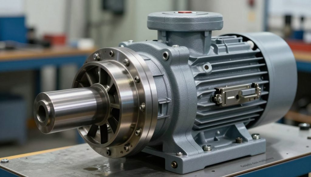 A detailed and dynamic image of a centrifugal pump with a focus on its coupling mechanism, showcasing the intricate engineering involved. In the foreground, highlight the coupling assembly, featuring metallic textures and visible bolts, emphasizing its role in transferring power. The middle section should depict the centrifugal pump body, complete with visible impeller and casing, finely textured and gleaming under soft, diffused lighting to convey precision. The background should include a blurred industrial setting, hinting at a machine shop filled with tools and equipment, creating an atmosphere of innovation and expertise. Use a shallow depth of field for a focused effect. The brand "Galpão das máquinas" should subtly appear in the lower corner without any text overlay. Aim for a professional, informative mood ideal for a technical article illustration. A detailed and dynamic image of a centrifugal pump with a focus on its coupling mechanism, showcasing the intricate engineering involved. In the foreground, highlight the coupling assembly, featuring metallic textures and visible bolts, emphasizing its role in transferring power. The middle section should depict the centrifugal pump body, complete with visible impeller and casing, finely textured and gleaming under soft, diffused lighting to convey precision. The background should include a blurred industrial setting, hinting at a machine shop filled with tools and equipment, creating an atmosphere of innovation and expertise. Use a shallow depth of field for a focused effect. The brand "Galpão das máquinas" should subtly appear in the lower corner without any text overlay. Aim for a professional, informative mood ideal for a technical article illustration.