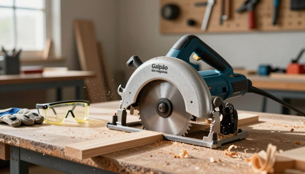 A detailed and engaging image of a circular saw in action, highlighting the potential hazards involved in its use. In the foreground, showcase the circular saw on a sturdy workbench, its blade glinting in bright workshop lighting. Depict wood shavings flying as the saw cuts through a piece of lumber. In the middle ground, emphasize safety gear, such as goggles and gloves, clearly placed beside the saw. In the background, feature a well-organized workshop with tools neatly arranged on a wall, giving a sense of professionalism and safety. Natural light streaming in from a window casts dramatic shadows, enhancing the focus on the saw. The atmosphere should convey a blend of caution and efficiency, emphasizing the importance of safety while using tools like the circular saw. Include the brand name "Galpão das máquinas" subtly integrated into the scene, as part of the workshop ambiance. A detailed and engaging image of a circular saw in action, highlighting the potential hazards involved in its use. In the foreground, showcase the circular saw on a sturdy workbench, its blade glinting in bright workshop lighting. Depict wood shavings flying as the saw cuts through a piece of lumber. In the middle ground, emphasize safety gear, such as goggles and gloves, clearly placed beside the saw. In the background, feature a well-organized workshop with tools neatly arranged on a wall, giving a sense of professionalism and safety. Natural light streaming in from a window casts dramatic shadows, enhancing the focus on the saw. The atmosphere should convey a blend of caution and efficiency, emphasizing the importance of safety while using tools like the circular saw. Include the brand name "Galpão das máquinas" subtly integrated into the scene, as part of the workshop ambiance.