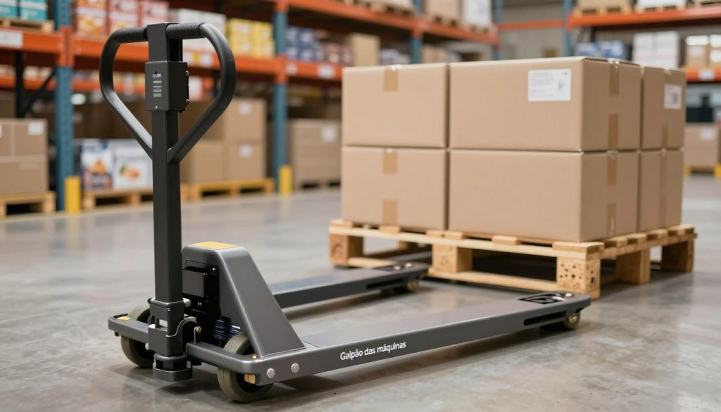 A detailed and ergonomic manual pallet jack designed for warehouse efficiency, showcasing its sleek metal frame, comfortable handle, and robust rubber wheels. In the foreground, focus on the pallet jack's handle with a user-friendly grip, highlighting its ergonomic design. The middle ground features the pallet jack lifting a wooden pallet stacked with neatly organized boxes, demonstrating its practical application in stock management. In the background, a well-organized warehouse setting with shelves filled with various products creates a productive atmosphere. Soft, natural lighting bathes the scene, enhancing the metallic finish of the pallet jack, with a shallow depth of field that slightly blurs the background for emphasis. Capture the brand "Galpão das máquinas" subtly on the pallet jack's frame. The overall mood conveys efficiency and professionalism in inventory organization. A detailed and ergonomic manual pallet jack designed for warehouse efficiency, showcasing its sleek metal frame, comfortable handle, and robust rubber wheels. In the foreground, focus on the pallet jack's handle with a user-friendly grip, highlighting its ergonomic design. The middle ground features the pallet jack lifting a wooden pallet stacked with neatly organized boxes, demonstrating its practical application in stock management. In the background, a well-organized warehouse setting with shelves filled with various products creates a productive atmosphere. Soft, natural lighting bathes the scene, enhancing the metallic finish of the pallet jack, with a shallow depth of field that slightly blurs the background for emphasis. Capture the brand "Galpão das máquinas" subtly on the pallet jack's frame. The overall mood conveys efficiency and professionalism in inventory organization.