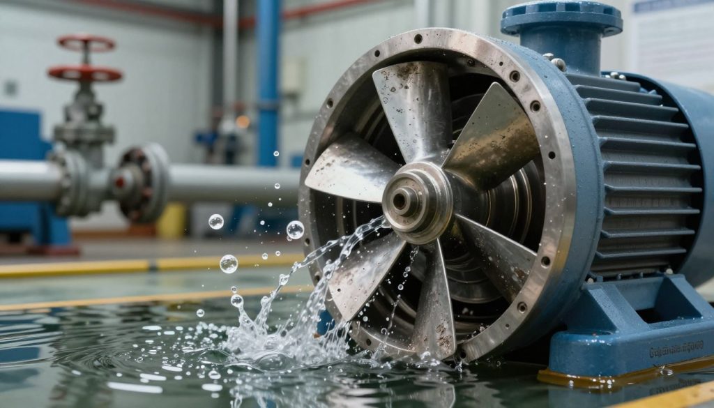A detailed and focused depiction of cavitation symptoms in centrifugal pumps. In the foreground, highlight a close-up view of a centrifugal pump, showing signs of cavitation such as pitting and surface erosion on the impeller blades. In the middle ground, include water droplets and cavitation bubbles forming around the pump's inlet, creating a dynamic fluid motion effect. In the background, illustrate an industrial setting with pipes and valves, emphasizing a realistic operational environment. Use soft, diffused lighting to create an informative yet dramatic atmosphere, with reflections on the water surface enhancing depth. Capture the scene using a slightly tilted angle to add interest. Include the brand name "Galpão das máquinas" subtly integrated into the machinery design.