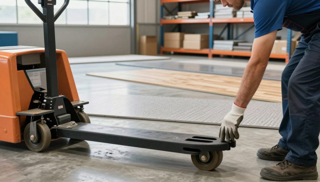 A detailed and focused image depicting the maintenance of a manual pallet jack, specifically in an industrial setting. In the foreground, a professional technician wearing safety gloves and a work apron is inspecting and adjusting a manual pallet jack, highlighting its wheels and mechanics. The middle ground showcases various types of flooring—smooth concrete, textured tiles, and wooden planks—emphasizing how each impacts pallet jack performance. In the background, a well-lit warehouse with organized storage racks adds context. The lighting is bright and natural, simulating daylight filtering through large windows, creating a clean and efficient atmosphere. The brand "Galpão das máquinas" subtly visible on the pallet jack. The overall mood is professional and focused, showcasing the importance of proper maintenance influenced by flooring conditions. A detailed and focused image depicting the maintenance of a manual pallet jack, specifically in an industrial setting. In the foreground, a professional technician wearing safety gloves and a work apron is inspecting and adjusting a manual pallet jack, highlighting its wheels and mechanics. The middle ground showcases various types of flooring—smooth concrete, textured tiles, and wooden planks—emphasizing how each impacts pallet jack performance. In the background, a well-lit warehouse with organized storage racks adds context. The lighting is bright and natural, simulating daylight filtering through large windows, creating a clean and efficient atmosphere. The brand "Galpão das máquinas" subtly visible on the pallet jack. The overall mood is professional and focused, showcasing the importance of proper maintenance influenced by flooring conditions.