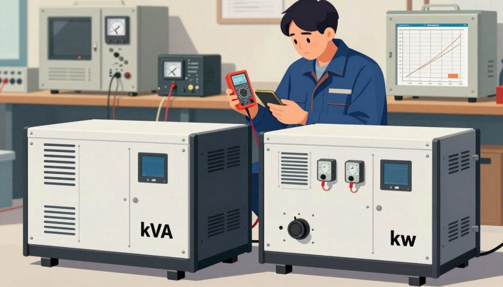 A detailed and informative illustration depicting the difference between kVA and kW in energy generators. In the foreground, two power generators are shown side by side: one labeled "kVA" with an emphasis on its higher capacity output, and the other labeled "kW" showcasing its consistent power delivery. In the middle ground, a technician in professional attire is using a multimeter to measure the outputs of both generators, surrounded by technical equipment such as voltmeters and charts. The background features a workshop setting with ambient lighting, highlighting a clear and organized workspace. The mood is educational and analytical, with a focus on the practical applications of kVA and kW in energy generation. The angle captures the technicians' engagement with the generators, emphasizing their importance in the energy industry.