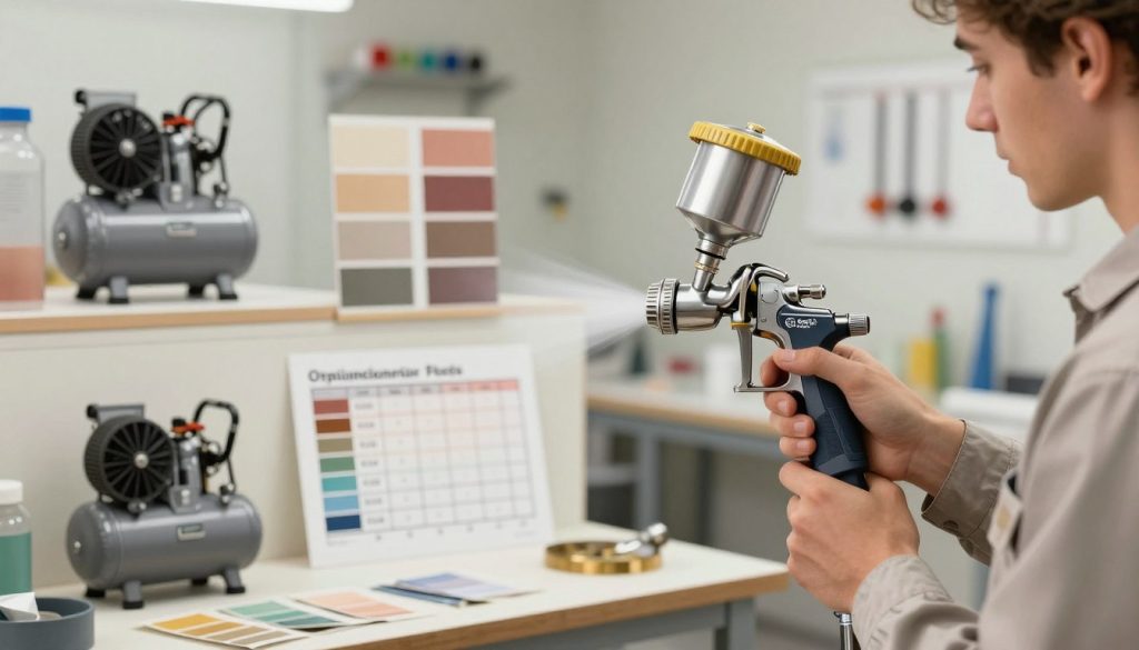 A detailed and informative illustration depicting the factors influencing spray painting pressure. In the foreground, a professional painter, dressed in modest work attire, is adjusting a high-quality spray gun, with a focus on the pressure gauge. The middle layer features various elements like paint swatches showing differing finishes (matte, glossy), air compressor machinery, and a visible chart outlining optimal pressure ranges. The background highlights a well-equipped workshop, with walls adorned with different painting techniques and tools. Soft, diffused lighting creates an industrial yet inviting atmosphere, emphasizing a balance of technical precision and creativity. The logo "Galpão das máquinas" is subtly present on the spray gun, blending seamlessly into the design.