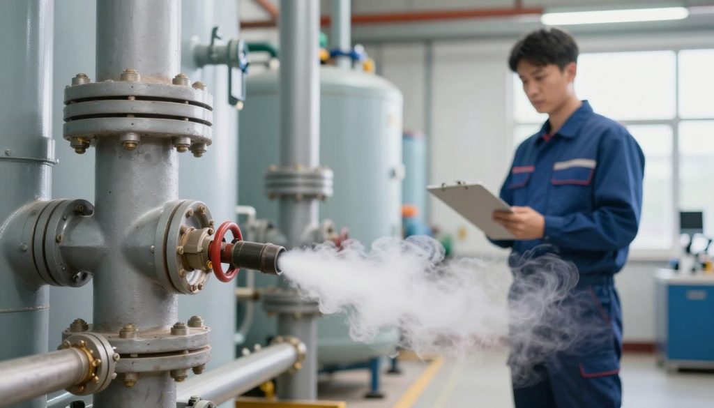 A detailed and informative illustration depicting the importance of boiler purging in heating systems. In the foreground, feature a sturdy industrial boiler with visible connections and valves, showcasing the purging process, with steam visibly escaping, highlighting the technical aspects of maintenance. In the middle ground, include a technician in professional attire, inspecting valves with a clipboard in hand, showcasing expertise in a well-lit, clean environment. The background should display a modern industrial setting, with pipes and machinery subtly blurred to emphasize the foreground action. Use bright, natural lighting to create a sense of clarity and focus, inviting viewers to understand the critical role of purging in maintaining efficiency and safety in heating systems. A detailed and informative illustration depicting the importance of boiler purging in heating systems. In the foreground, feature a sturdy industrial boiler with visible connections and valves, showcasing the purging process, with steam visibly escaping, highlighting the technical aspects of maintenance. In the middle ground, include a technician in professional attire, inspecting valves with a clipboard in hand, showcasing expertise in a well-lit, clean environment. The background should display a modern industrial setting, with pipes and machinery subtly blurred to emphasize the foreground action. Use bright, natural lighting to create a sense of clarity and focus, inviting viewers to understand the critical role of purging in maintaining efficiency and safety in heating systems.