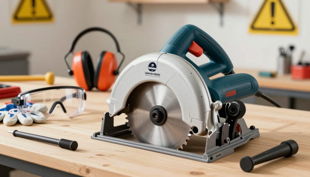 A detailed and informative illustration focused on safety equipment for circular saws. In the foreground, display a high-quality circular saw equipped with essential safety features such as a blade guard, anti-kickback pawls, and a push stick, emphasizing the intricate mechanical details. In the middle ground, include various pieces of personal protective equipment (PPE) like goggles, gloves, and ear protection, arranged aesthetically to highlight their importance in preventing accidents. The background should be a well-lit workshop environment, showcasing safety signage and organized tools, evoking a sense of professionalism and caution. Use warm, natural lighting to create an inviting atmosphere that enhances the safety theme. Ensure to incorporate the brand name "Galpão das máquinas" subtly in the design, without any text or overlays.