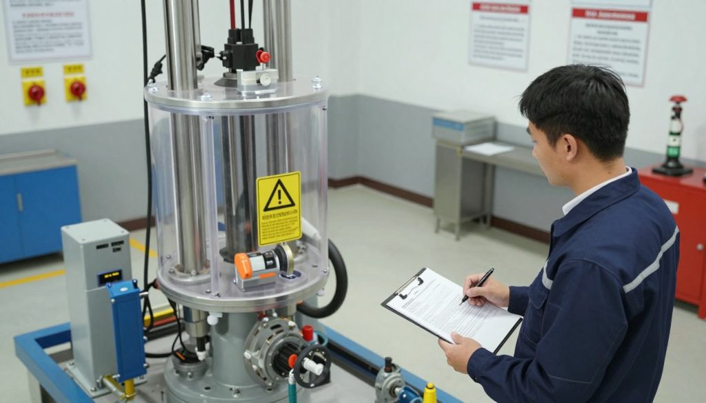 A detailed and informative illustration of hydraulic safety regulations, focusing on a safe and compliant industrial setting. In the foreground, a professional engineer in business attire examines a hydraulic system with a clipboard, discussing safety protocols. The middle ground features a well-maintained hydraulic pump system, complete with transparent protective covers, warning signs, and labeled safety equipment. In the background, a clean and organized workshop setting highlights safety features like emergency shut-off switches and clear signage indicating safety procedures. The lighting is bright and even, emphasizing the professionalism of the space. The mood is serious and focused, reinforcing the importance of safety in hydraulic systems. Use a slightly elevated angle to capture the overall environment, showcasing both the engineer and the hydraulic system effectively.