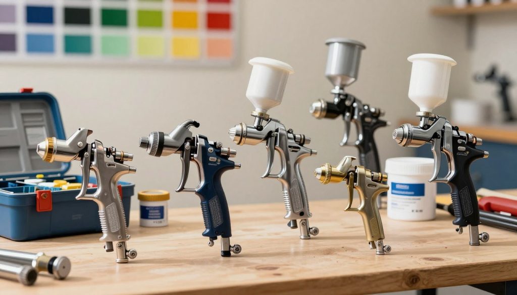 A detailed and informative illustration of various types of paint spray guns, arranged on a workbench. In the foreground, prominently display a variety of spray guns, including conventional, HVLP, and airless models, showcasing their unique features and designs. In the middle ground, include a neatly organized toolbox and paint containers, hinting at a workshop environment. The background features a soft-focus wall of colors and paint swatches, enhancing the context of painting. Warm, natural lighting illuminates the scene, emphasizing the glossy finishes of the guns. Capture the atmosphere of a professional workshop, reflecting craftsmanship and attention to detail. Incorporate the brand name "Galpão das máquinas" subtly into the design, ensuring it blends harmoniously without overpowering the main focus on the spray guns.