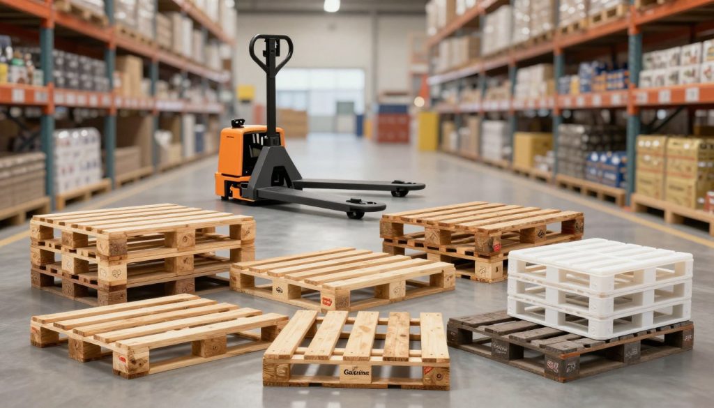 A detailed and informative illustration of various types of pallets commonly used in the Brazilian market. In the foreground, display a selection of pallets, including wooden, plastic, and composite types, arranged in an organized manner. The middle ground should feature a professional electric pallet jack and a warehouse setting with shelves stacked with products. The background can show a clean, spacious warehouse environment with soft, ambient lighting that highlights the pallets and equipment. Use a wide-angle lens effect to capture depth, creating an engaging and informative atmosphere. The image should be inviting and professional, suitable for a technical context, while prominently displaying the brand name "Galpão das máquinas" subtly integrated into the setting.