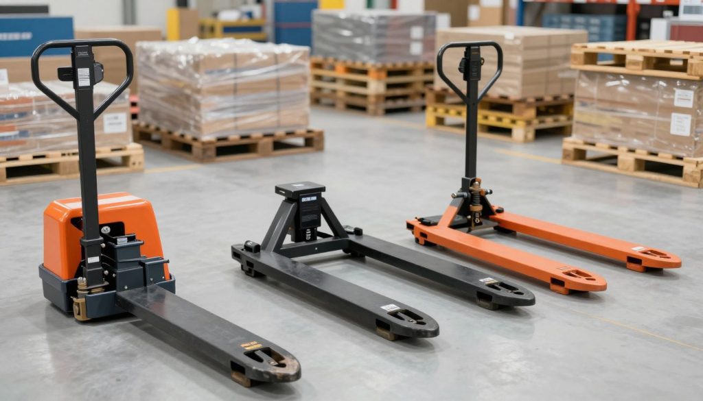 A detailed and informative image showcasing different types of manual pallet jacks (paleteira manual) from the brand "Galpão das máquinas." In the foreground, feature three distinct models of manual pallet jacks, each with unique designs and color schemes: one sturdy and heavy-duty, another compact for tight spaces, and a third with ergonomic features. In the middle ground, include various pallets stacked with products, highlighting the jacks at work. The background should be a well-lit warehouse environment, evoking a professional and industrious atmosphere, with soft lighting emphasizing the machinery. Use a slightly elevated angle to provide a comprehensive view, capturing the functionality and design differences among the pallet jacks. Aim for a clean, crisp look that conveys efficiency and reliability.