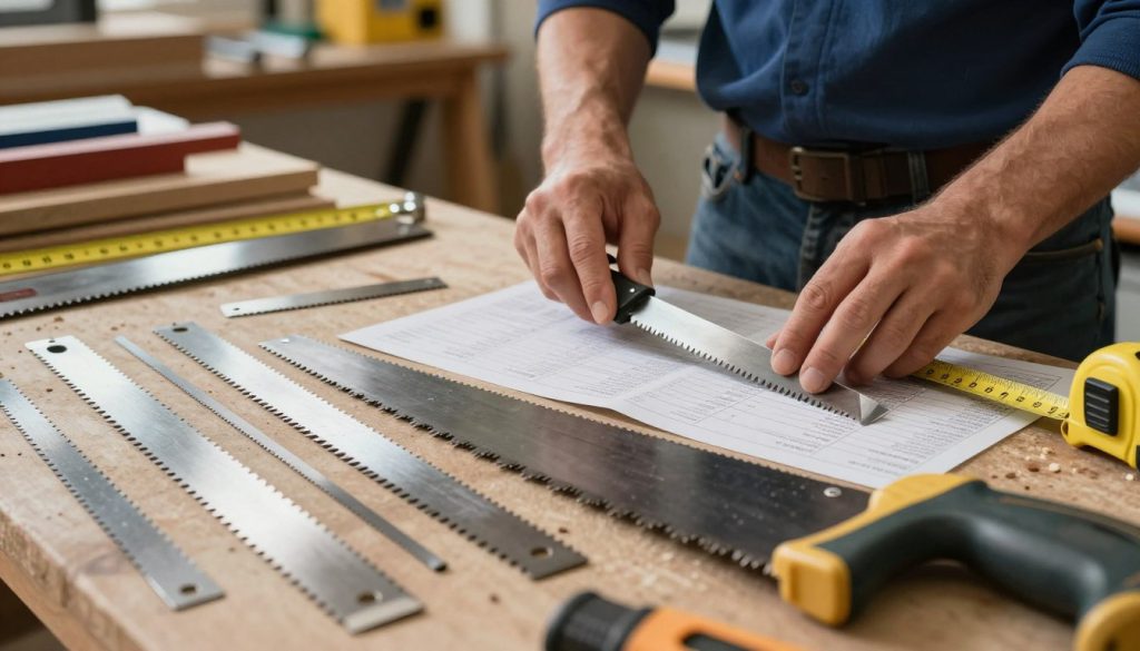 A detailed and informative workspace scene depicting common mistakes in blade selection. In the foreground, a variety of saw blades scattered on a table, showcasing differences in size, material, and design, with some incorrectly matched to materials. The middle ground features a close-up of an expert's hands examining a blade, wearing professional attire. A measuring tape and specification charts can be seen beside them, emphasizing precision and attention to detail. In the background, tools and materials related to various industries (woodworking, metalworking, etc.) are partially visible, creating a realistic workshop atmosphere. Soft, natural lighting highlights the textures of the blades while creating a focused and educational mood, inspiring viewers to be cautious about their selection choices.