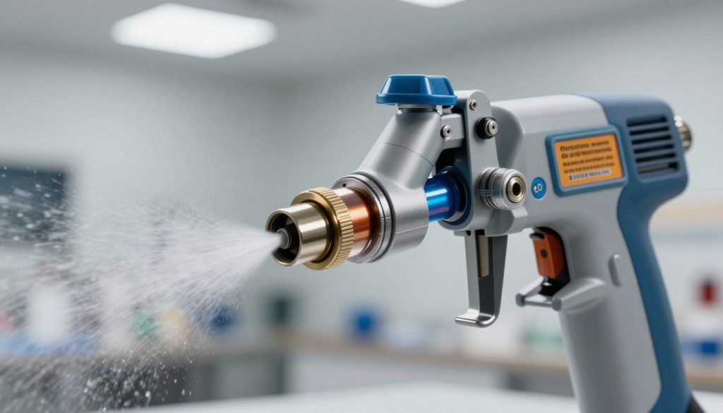 A detailed and intricate illustration of a "mecanismo de atomização" inside an electric paint sprayer, featuring components like nozzle, turbine, and fluid path. In the foreground, focus on the nozzle emitting a fine mist of paint droplets, showcasing the atomization process. The middle section includes the sprayer's body, highlighting its ergonomic design and control settings. The background fades into a clean, workshop environment with soft lighting illuminating the device, enhancing its technical details. Use a macro lens effect to emphasize the precision mechanics and the vibrant colors of the paint. The atmosphere should feel professional and educational, with a hint of innovation. Include branding elements of "Galpão das máquinas" subtly within the image without compromising the focus on the mechanism.