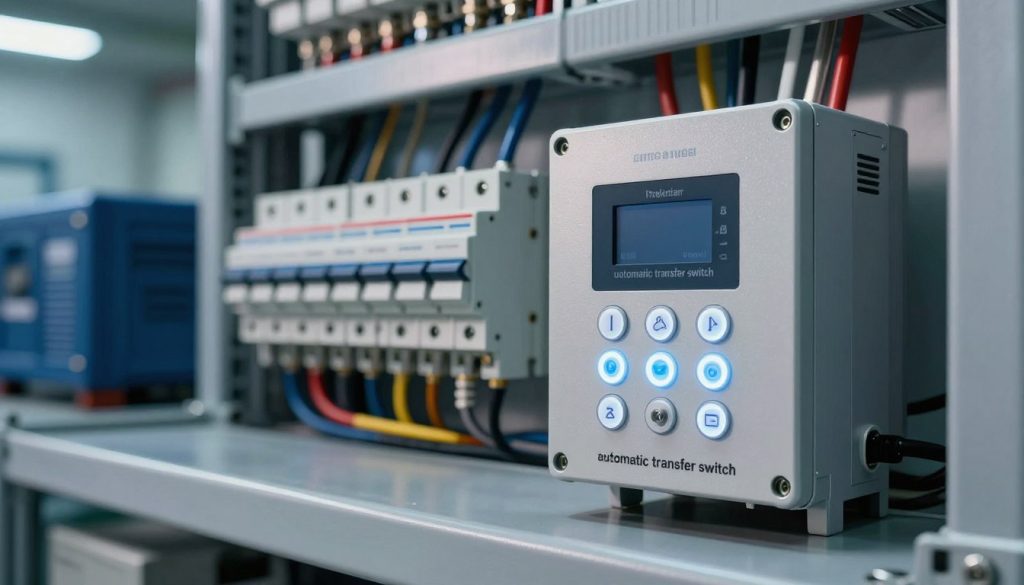 A detailed and modern "automatic transfer switch" system in a professional setting. In the foreground, showcase a sleek, metallic automatic transfer switch with illuminated control buttons and a digital display, emphasizing its advanced technology. In the middle ground, include electrical components like circuit breakers and wiring neatly organized, portraying a well-designed configuration. In the background, a softly lit industrial environment with racks of generators and other electrical equipment, enhancing the technical atmosphere. Soft, diffused lighting highlights the switch, creating a sense of importance and innovation. The perspective should be slightly angled to showcase depth, giving a professional feel, ideal for an article about types of available transfer switches in the market.