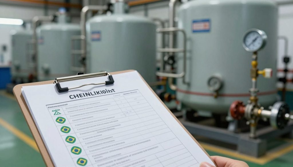 A detailed and organized depiction of boiler safety regulations, showcasing a technical checklist in a professional workspace. In the foreground, a neatly arranged clipboard with a checklist featuring visual elements of Brazilian regulatory symbols, highlighting boiler operation protocols. In the middle ground, industrial boilers operating efficiently, with visible safety guards, pressure gauges, and safety valves, demonstrating adherence to safety standards. The background features a factory setting with a slight blur to emphasize the importance of the subject. Soft, ambient lighting creates a focused atmosphere, illuminating the workspace while casting subtle shadows. The angle is slightly elevated to capture all elements clearly, enhancing the informative tone of the image. Overall, the mood is one of professionalism and safety compliance, emphasizing the significance of following regulations before operating boilers.