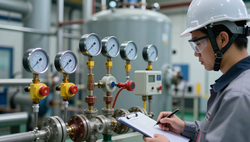 A detailed and organized industrial scene showcasing safety device testing within a boiler operation context. In the foreground, a professional wearing safety goggles and a hard hat examines a pressure relief valve, using a clipboard for notes. In the middle ground, various safety devices like temperature gauges and emergency shut-off switches are displayed, illuminated by soft, focused LED lighting to highlight their features. The background features a large, industrial boiler with pipes and gauges, slightly blurred to emphasize the central action. The atmosphere should be serious and technical, conveying a sense of diligence and safety compliance. The image should have a clean, well-lit ambiance, with a shallow depth of field to draw attention to the testing process without any text or logos present.